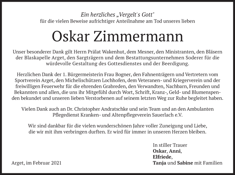  Traueranzeige für Oskar Zimmermann vom 20.02.2021 aus merkurtz