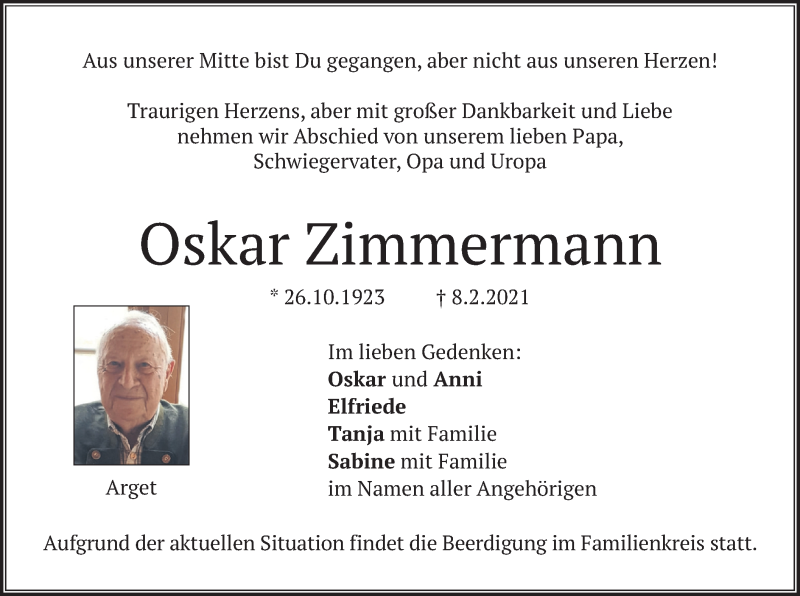  Traueranzeige für Oskar Zimmermann vom 11.02.2021 aus merkurtz