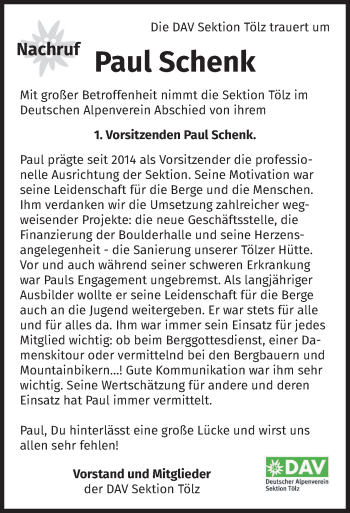 Traueranzeige von Paul Schenk von merkurtz