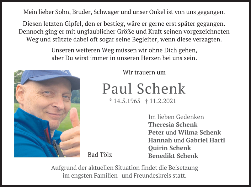  Traueranzeige für Paul Schenk vom 13.02.2021 aus merkurtz