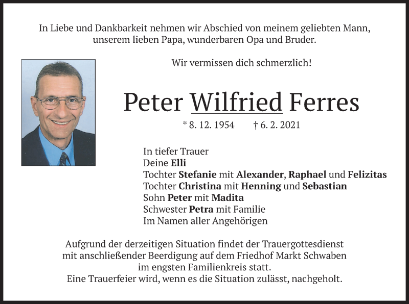 Traueranzeige für Peter Wilfried Ferres vom 10.02.2021 aus merkurtz