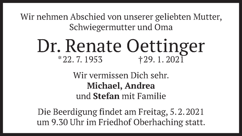  Traueranzeige für Renate Oettinger vom 01.02.2021 aus merkurtz