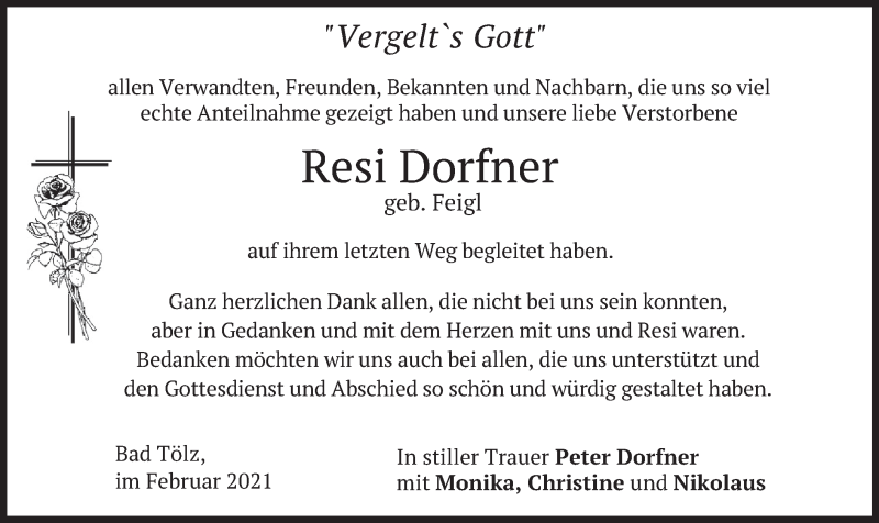  Traueranzeige für Resi Dorfner vom 20.02.2021 aus merkurtz