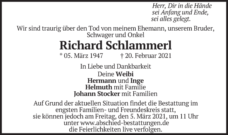  Traueranzeige für Richard Schlammerl vom 27.02.2021 aus merkurtz
