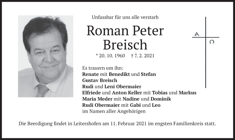  Traueranzeige für Roman Peter Breisch vom 11.02.2021 aus merkurtz