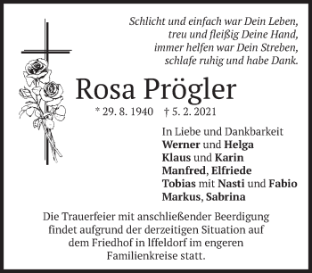 Traueranzeige von Rosa Prögler
