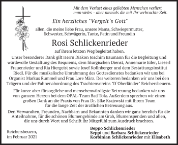 Traueranzeige von Rosi Schlickenrieder von merkurtz