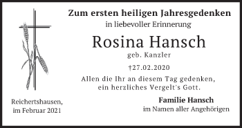 Traueranzeige von Rosina Hansch von merkurtz