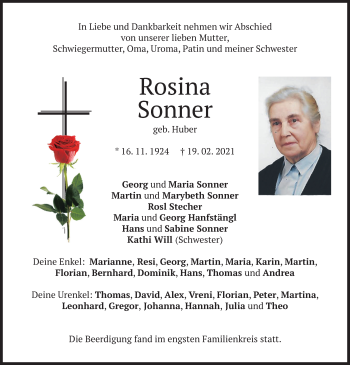 Traueranzeige von Rosina Sonner von merkurtz