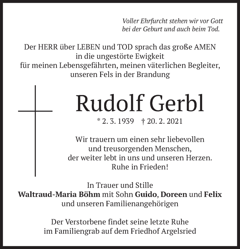  Traueranzeige für Rudolf Gerbl vom 24.02.2021 aus merkurtz
