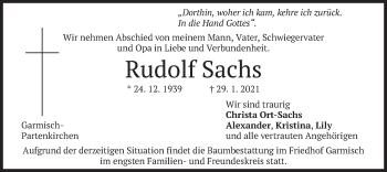 Traueranzeige von Rudolf Sachs von merkurtz