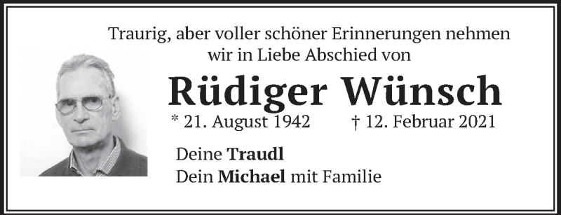  Traueranzeige für Rüdiger Wünsch vom 16.02.2021 aus merkurtz
