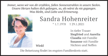 Traueranzeige von Sandra Hohenreiter von merkurtz