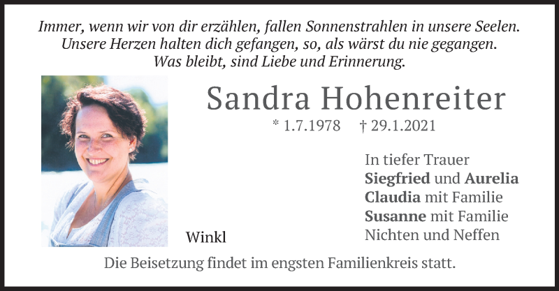  Traueranzeige für Sandra Hohenreiter vom 13.02.2021 aus merkurtz