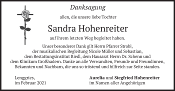 Traueranzeige von Sandra Hohenreiter von merkurtz
