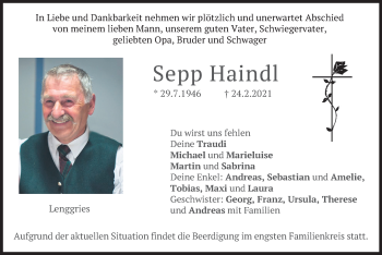 Traueranzeige von Sepp Haindl von merkurtz