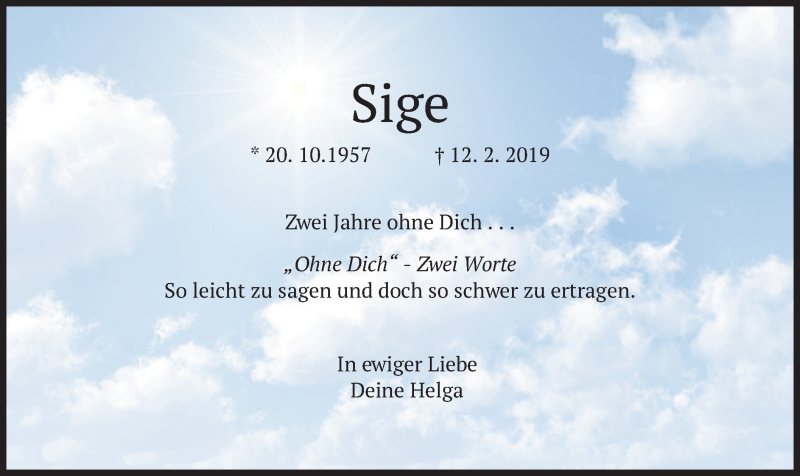  Traueranzeige für Sige Schweiger vom 12.02.2021 aus merkurtz