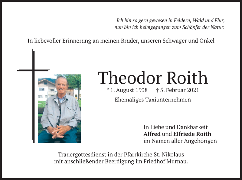  Traueranzeige für Theodor Roith vom 09.02.2021 aus merkurtz