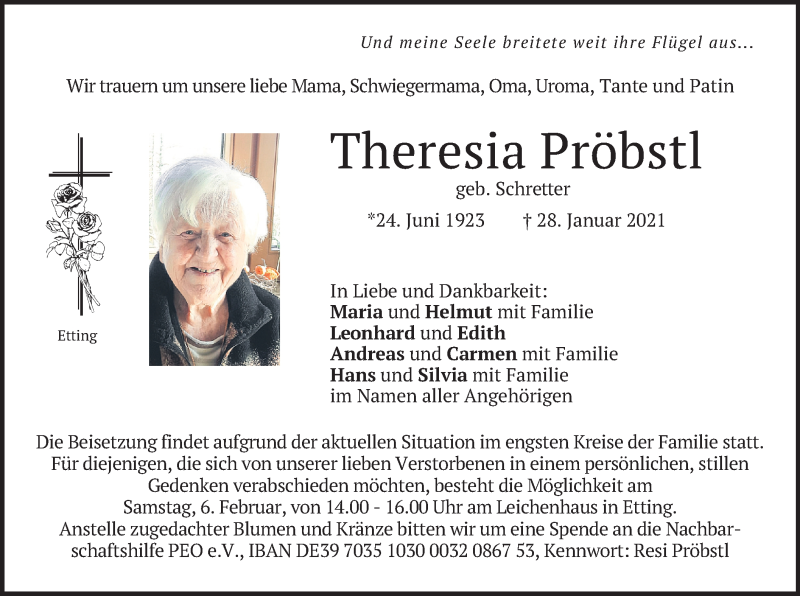  Traueranzeige für Theresia Pröbstl vom 05.02.2021 aus merkurtz