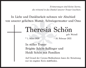 Traueranzeige von Theresia Schön