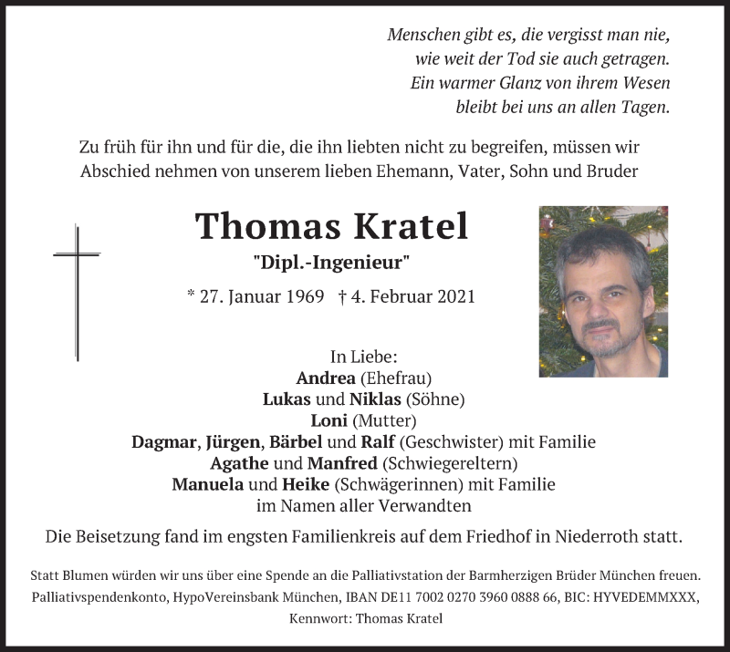  Traueranzeige für Thomas Kratel vom 20.02.2021 aus merkurtz