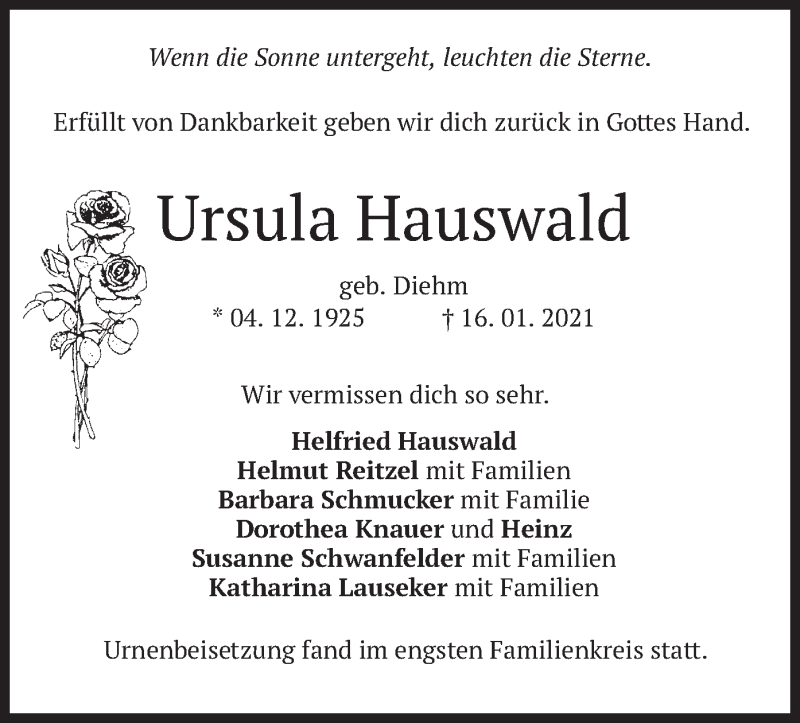  Traueranzeige für Ursula Hauswald vom 06.02.2021 aus merkurtz