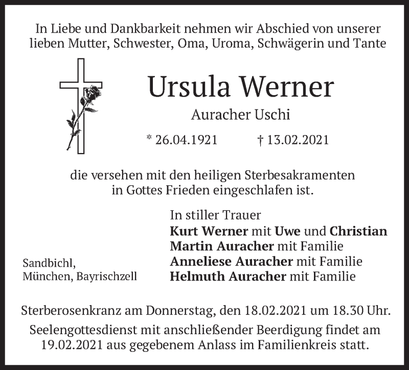  Traueranzeige für Ursula Werner vom 17.02.2021 aus merkurtz