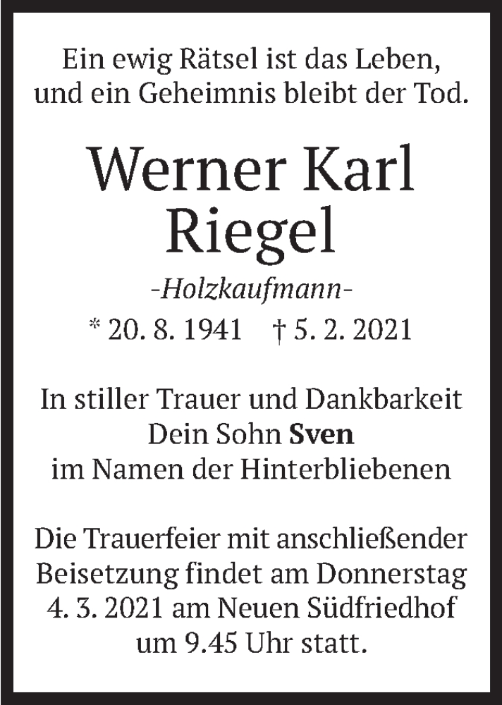  Traueranzeige für Werner Riegel vom 27.02.2021 aus merkurtz