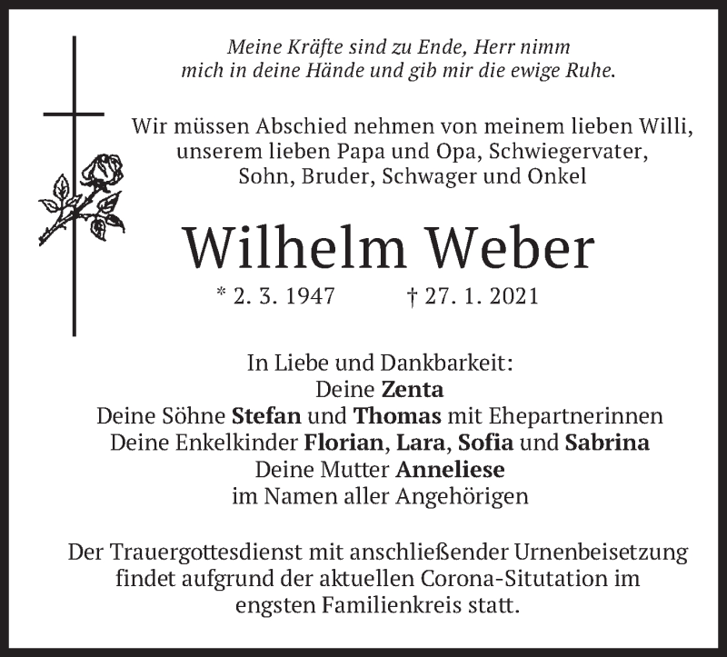  Traueranzeige für Wilhelm Weber vom 04.02.2021 aus merkurtz