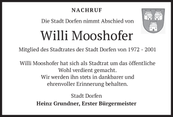 Traueranzeige von Willi Mooshofer von merkurtz