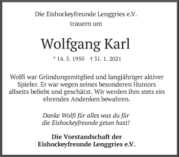 Traueranzeige von Wolfgang Karl von merkurtz