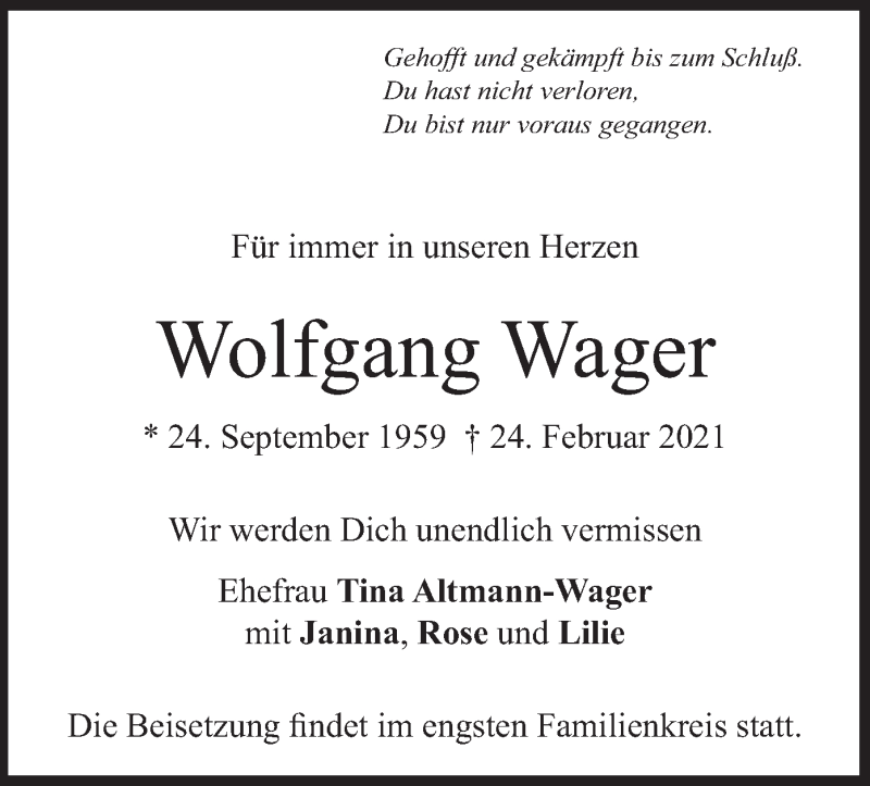 Traueranzeige für Wolfgang Wager vom 27.02.2021 aus merkurtz