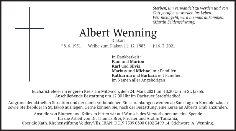  Traueranzeige für Albert Wenning vom 18.03.2021 aus merkurtz