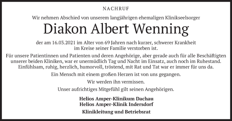  Traueranzeige für Albert Wenning vom 20.03.2021 aus merkurtz