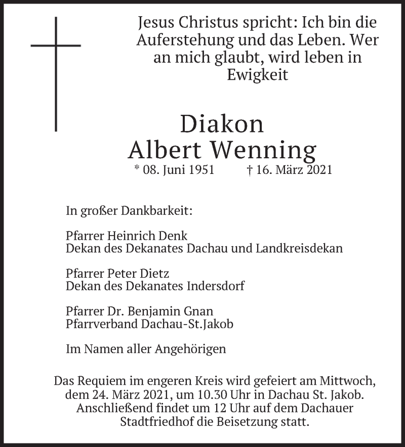  Traueranzeige für Albert Wenning vom 20.03.2021 aus merkurtz