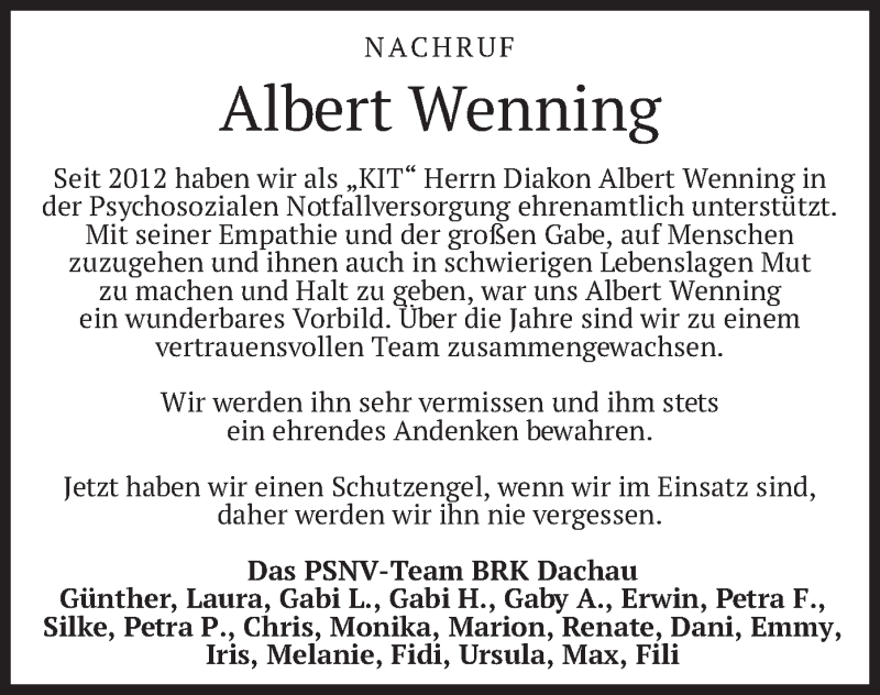  Traueranzeige für Albert Wenning vom 20.03.2021 aus merkurtz