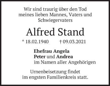 Traueranzeige von Alfred Stand von merkurtz