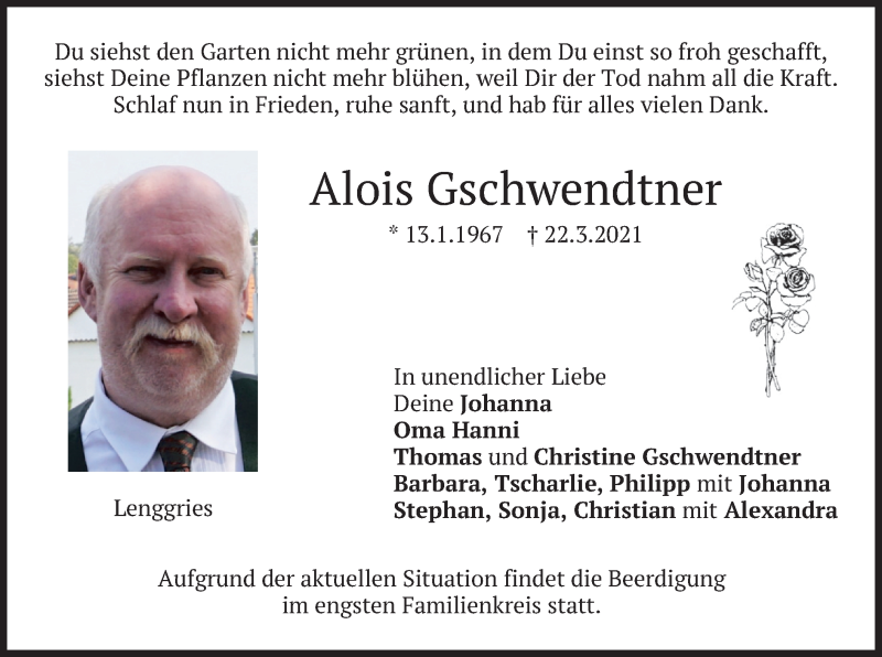  Traueranzeige für Alois Gschwendtner vom 27.03.2021 aus merkurtz