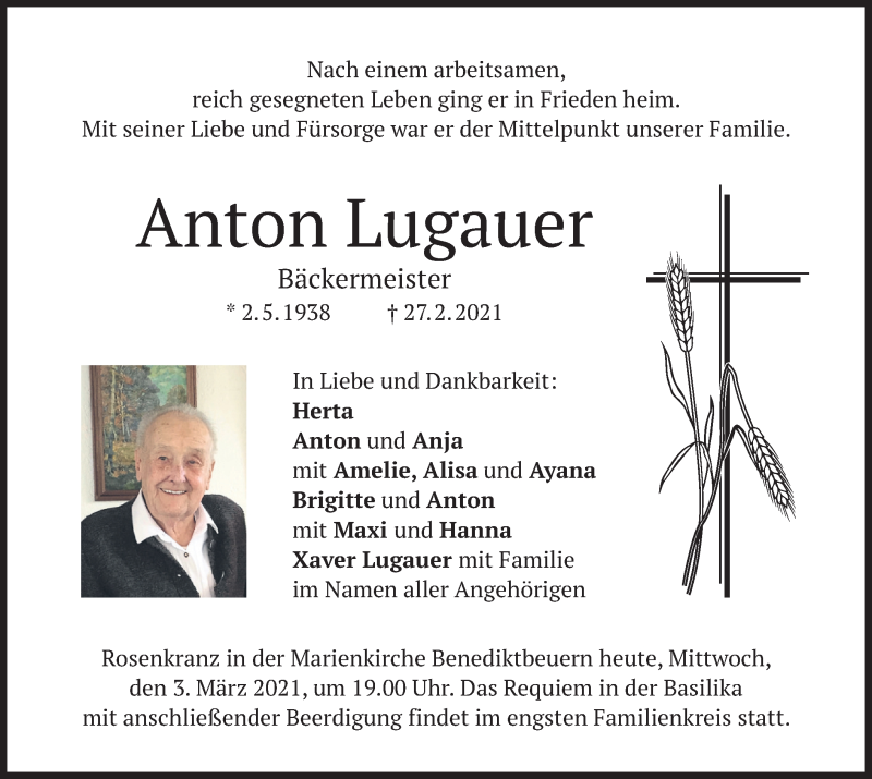  Traueranzeige für Anton Lugauer vom 03.03.2021 aus merkurtz