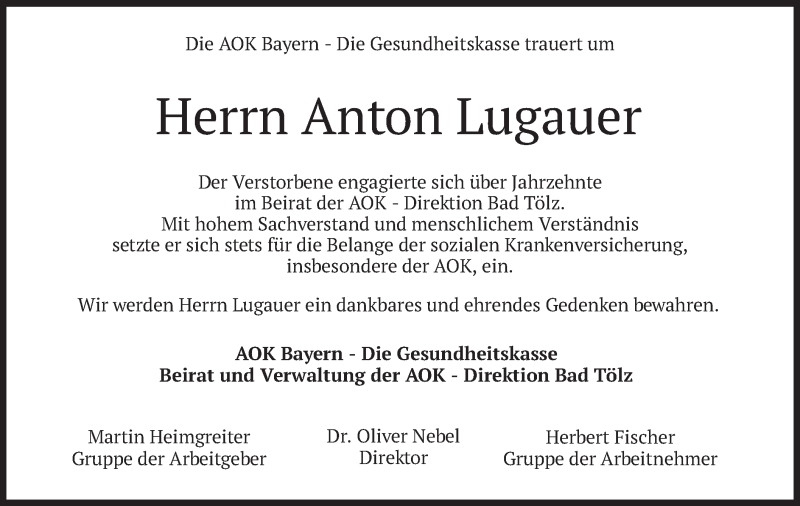  Traueranzeige für Anton Lugauer vom 04.03.2021 aus merkurtz