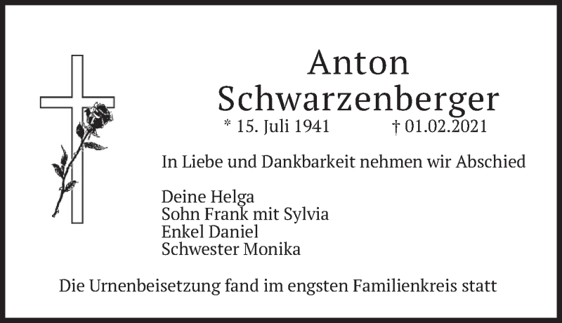  Traueranzeige für Anton Schwarzenberger vom 02.03.2021 aus merkurtz