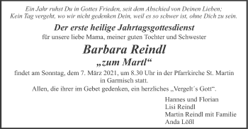 Traueranzeige von Barbara Reindl von merkurtz