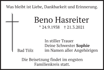 Traueranzeige von Beno Hasreiter von merkurtz