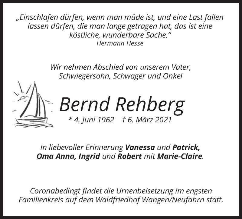  Traueranzeige für Bernd Rehberg vom 13.03.2021 aus merkurtz