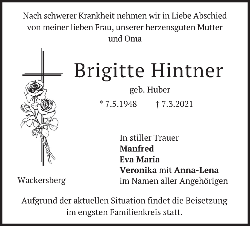  Traueranzeige für Brigitte Hintner vom 13.03.2021 aus merkurtz