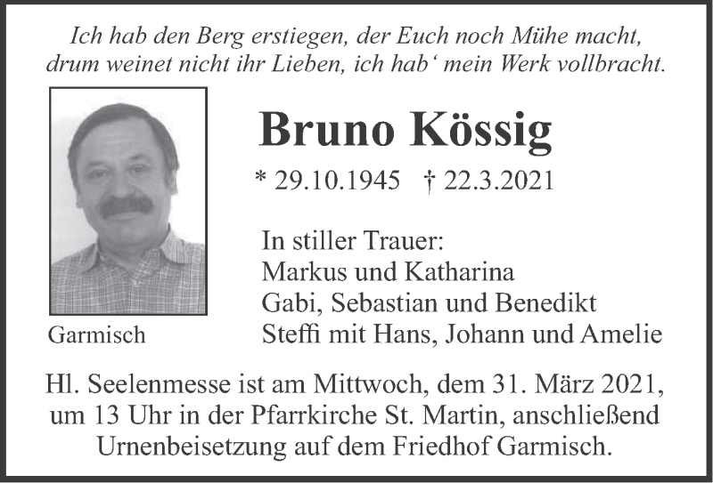  Traueranzeige für Bruno Kössig vom 27.03.2021 aus merkurtz
