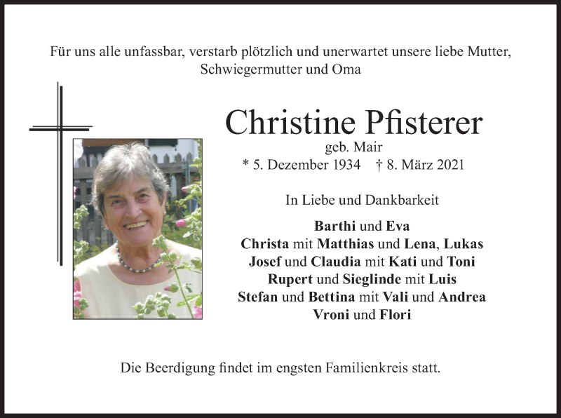  Traueranzeige für Christine Pfisterer vom 11.03.2021 aus merkurtz