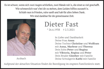Traueranzeige von Dieter Fast von merkurtz