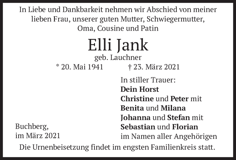  Traueranzeige für Elli Jank vom 26.03.2021 aus merkurtz