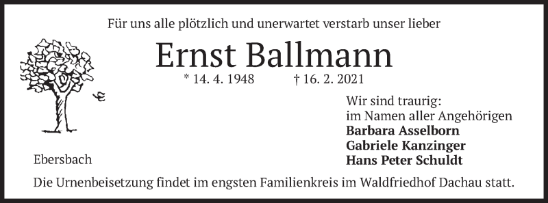  Traueranzeige für Ernst Ballmann vom 03.03.2021 aus merkurtz